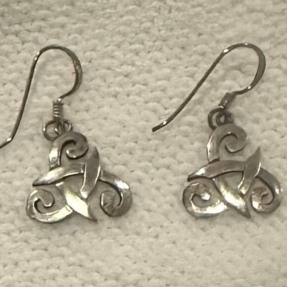 Celtic Triskele Triple Spiral Sterling Silver Drop Earrings - Picture 2 of 5